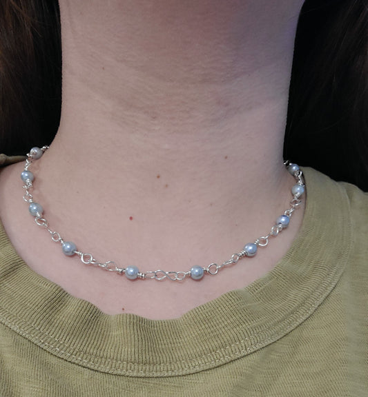 (1)Chain necklace- Handmade, 16"(light blue pearl)